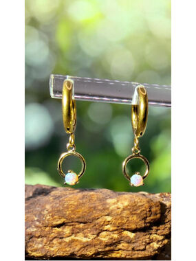 Gold Opal Huggie Earrings Lab Created Opal Charm, 14k Gold Plated Charm Drop